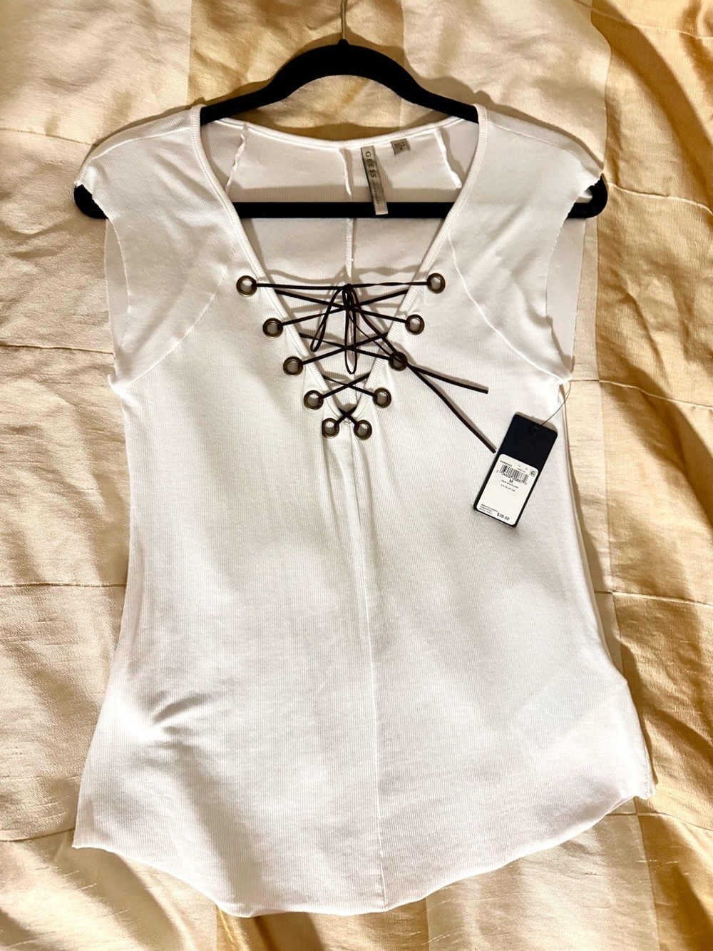 Guess White Lace-Up Cap Sleeve Top with Brown Tie, size M